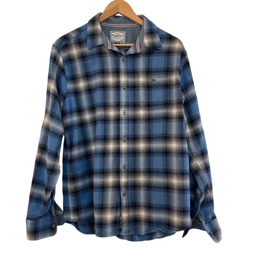Flag & Anthem Blue Plaid Flannel‎ Button Up Shirt Long Sleeve Size L western